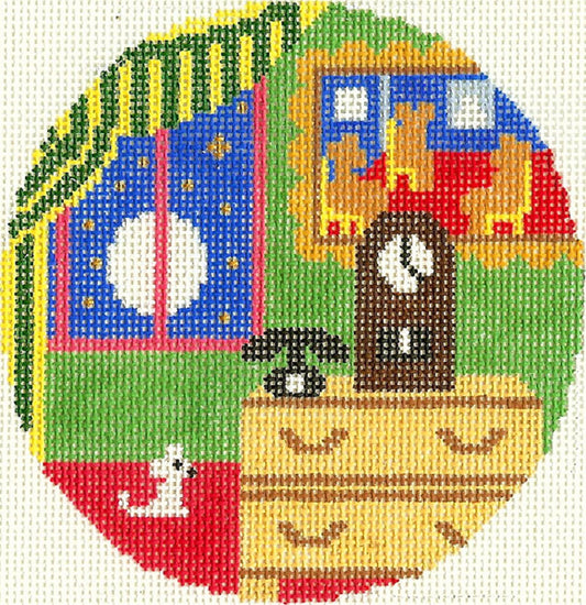 Child's Round ~ "Goodnight Moon" & Bears in Chairs 4.25" handpainted Needlepoint Canvas by Silver Needle