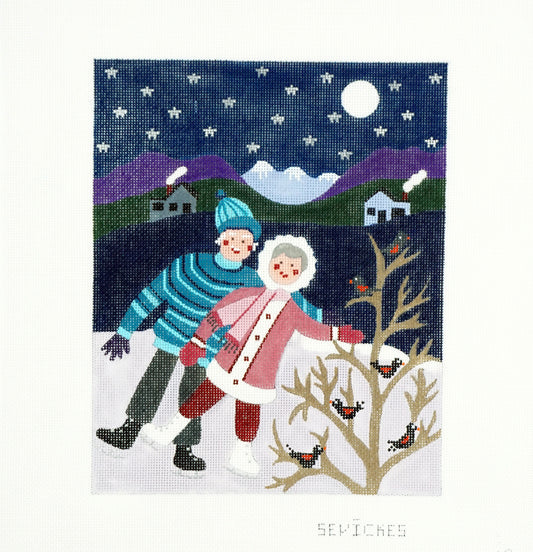 Grandpa & Grandma Winter Ice Skating with Night Sky handpainted Needlepoint Canvas