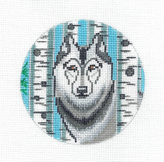 Animal Round ~ Gray Wolf  in Birch Trees Handpainted 4" Needlepoint Canvas by Alice Peterson