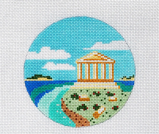 Travel Round ~ GREECE handpainted 4" Needlepoint Ornament Canvas by Painted Pony