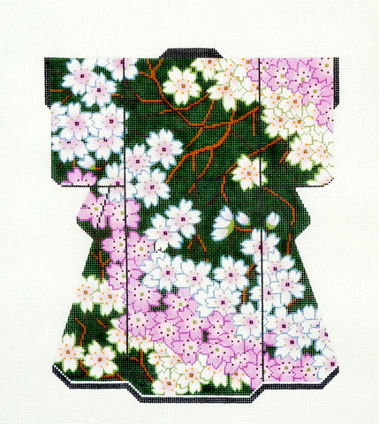 Kimono ~ Cherry Blossoms on Dk. Green LG. Kimono handpainted Needlepoint Canvas by LEE