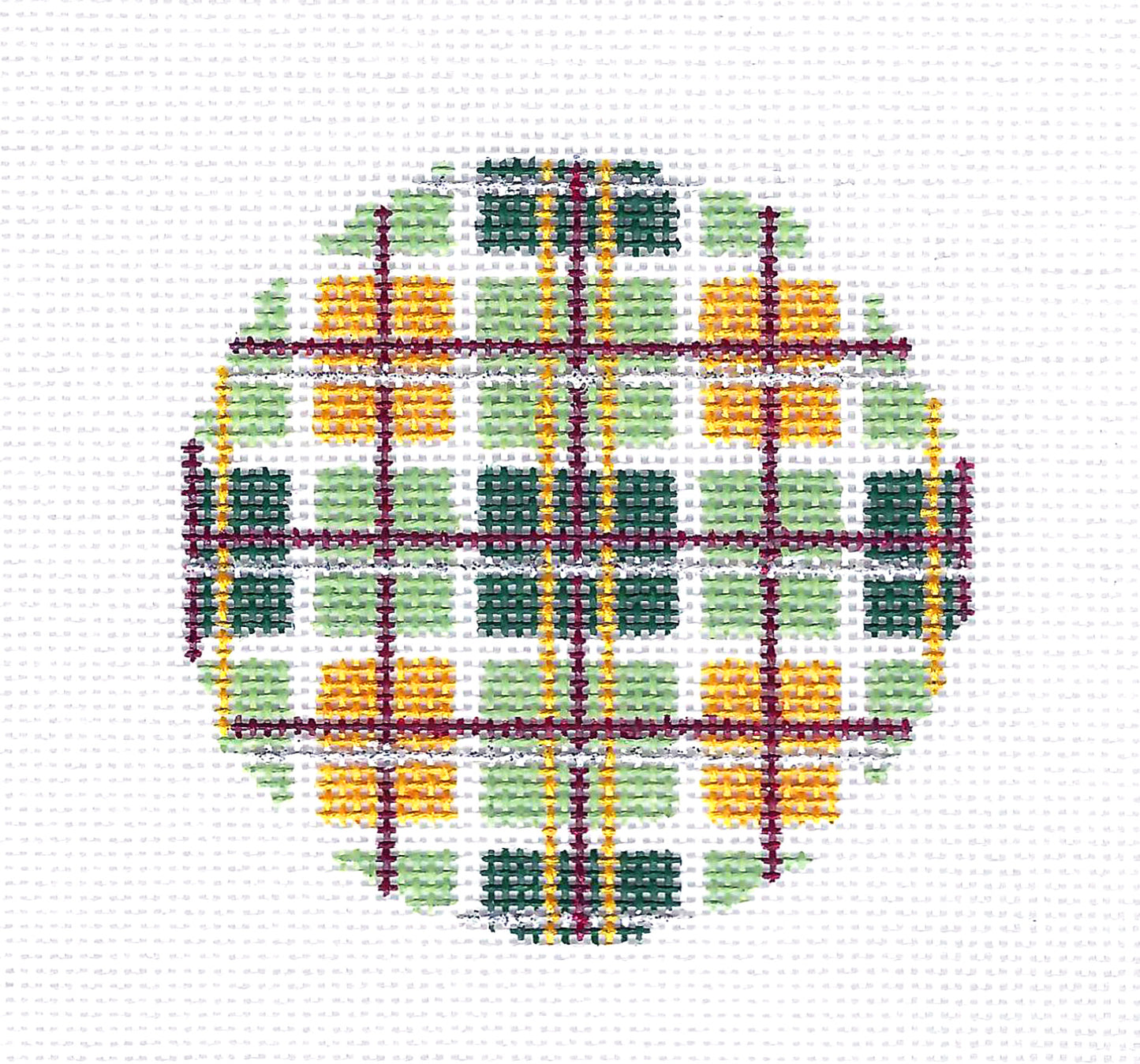 3" Round ~ Green & Gold Plaid 3" Round Ornament handpainted Needlepoint Canvas by Needle Crossings