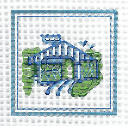 Hadley Pottery ~ New England Covered Bridge handpainted 5" Sq. Needlepoint Canvas by Silver Needle