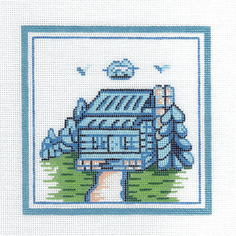 Hadley Pottery ~ LOG CABIN handpainted 5" Square 18 mesh Needlepoint Canvas by Silver Needle