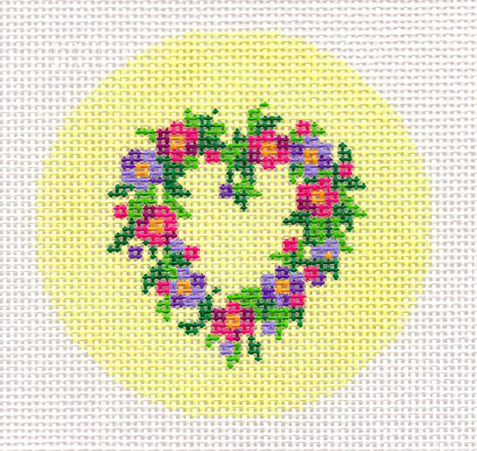 Round ~ Floral Heart Wreath on Soft Yellow 3" handpainted 18 Mesh Needlepoint Canvas Ornament Insert by LEE