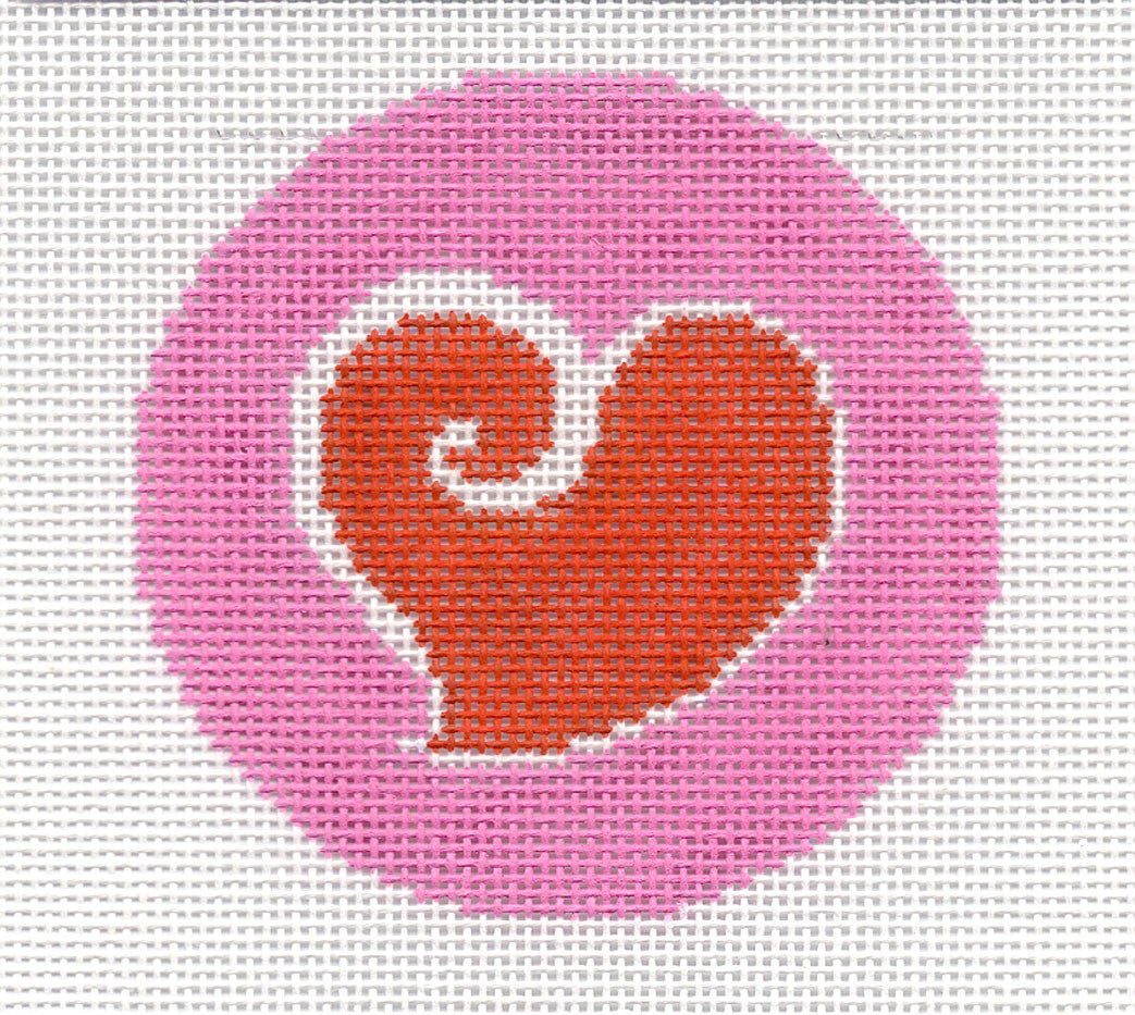 Round ~ Elegant Red Heart on a Pink Background 3" Rd. handpainted Needlepoint Canvas Ornament or Insert by LEE