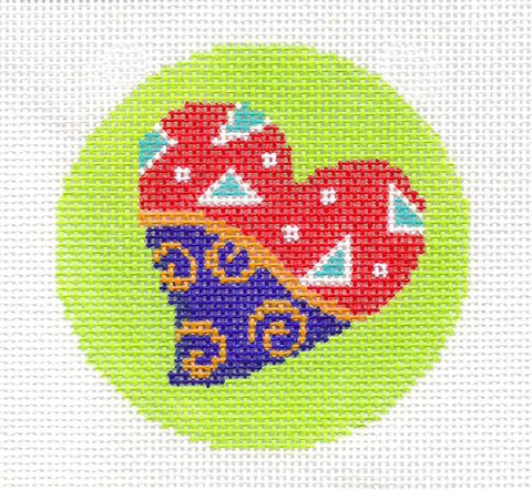 Round ~ Patch Work Heart & Love handpainted Needlepoint Canvas Ornament 3" Rd. by Lee