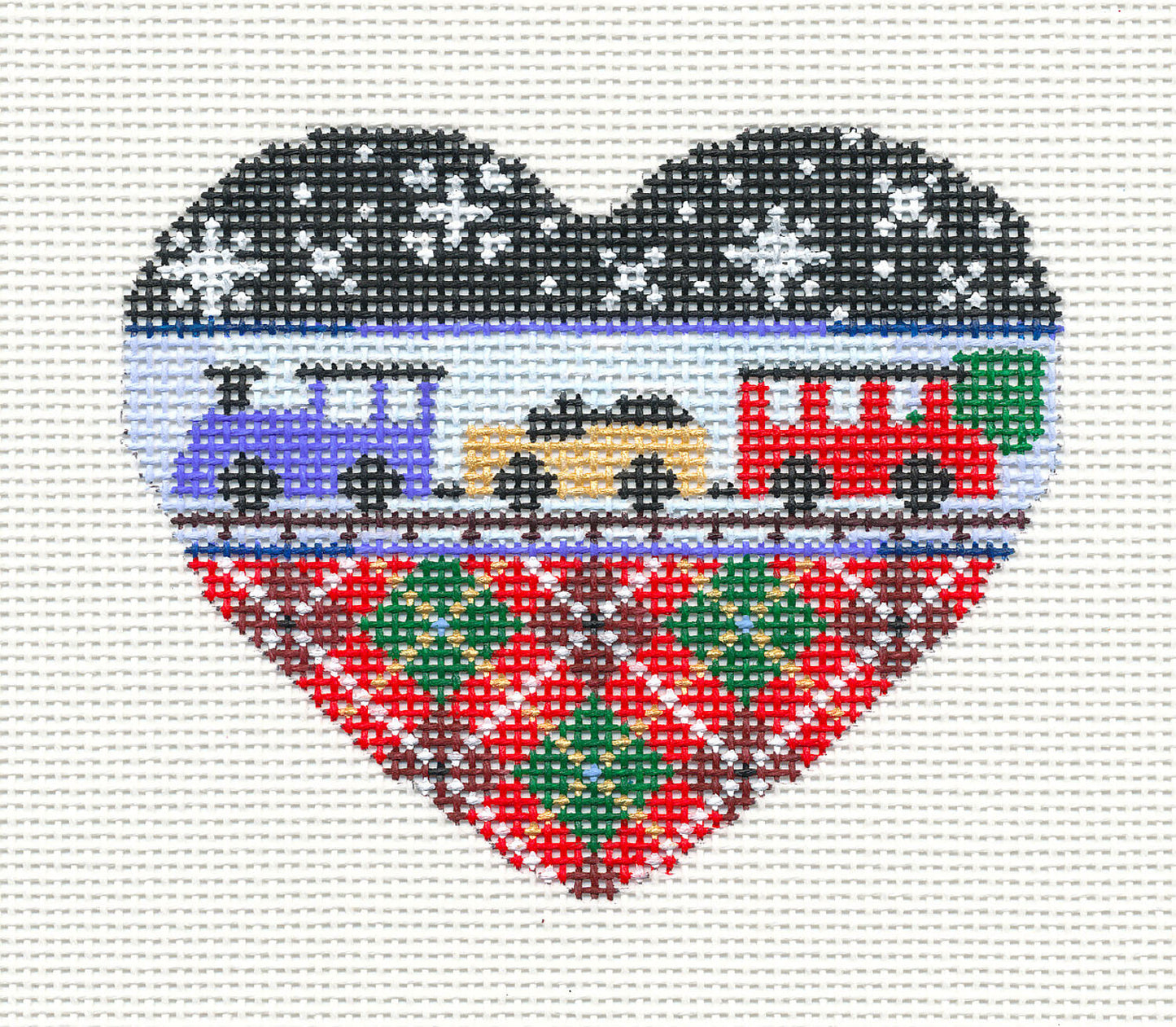 Heart ~ Child's Christmas TRAIN on Plaid Heart Handpainted Needlepoint Ornament by Associated Talents