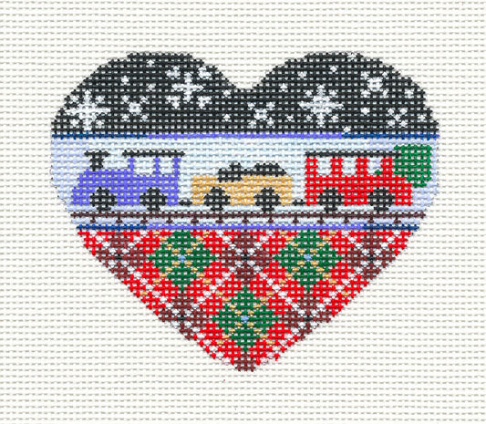 Heart ~ Child's Christmas TRAIN on Plaid Heart Handpainted Needlepoint Ornament by Associated Talents