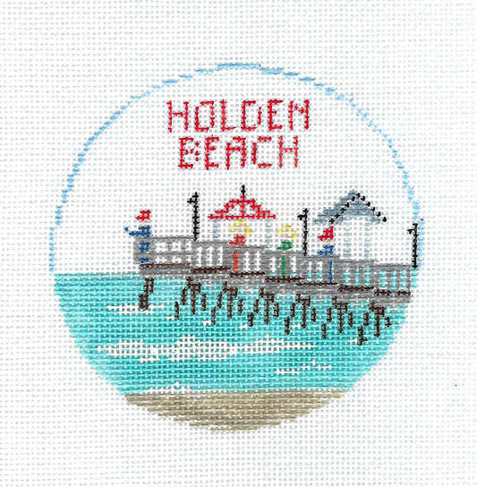 Travel Round ~ Holden Beach, North Carolina and its Famous Pier handpainted 18 mesh Needlepoint Ornament by Kathy Schenkel RD.