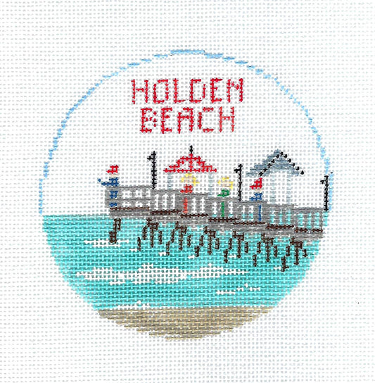 Travel Round ~ Holden Beach, North Carolina and its Famous Pier handpainted 18 mesh Needlepoint Ornament by Kathy Schenkel