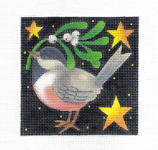 Bird ~ Holiday Chickadee with Mistletoe 4" Square handpainted 18 Mesh Needlepoint Canvas  by Maggie