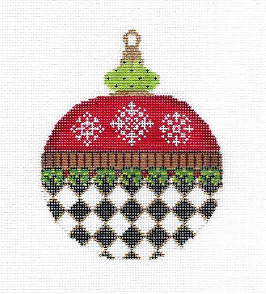 Christmas ~ Holly and Snowflakes on Red with Black & White Checks Ornament handpainted Needlepoint Canvas by Kelly Clark