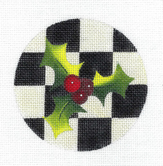Christmas ~ Holly on Black & Cream 4" Round handpainted Needlepoint Canvas by Raymond Crawford