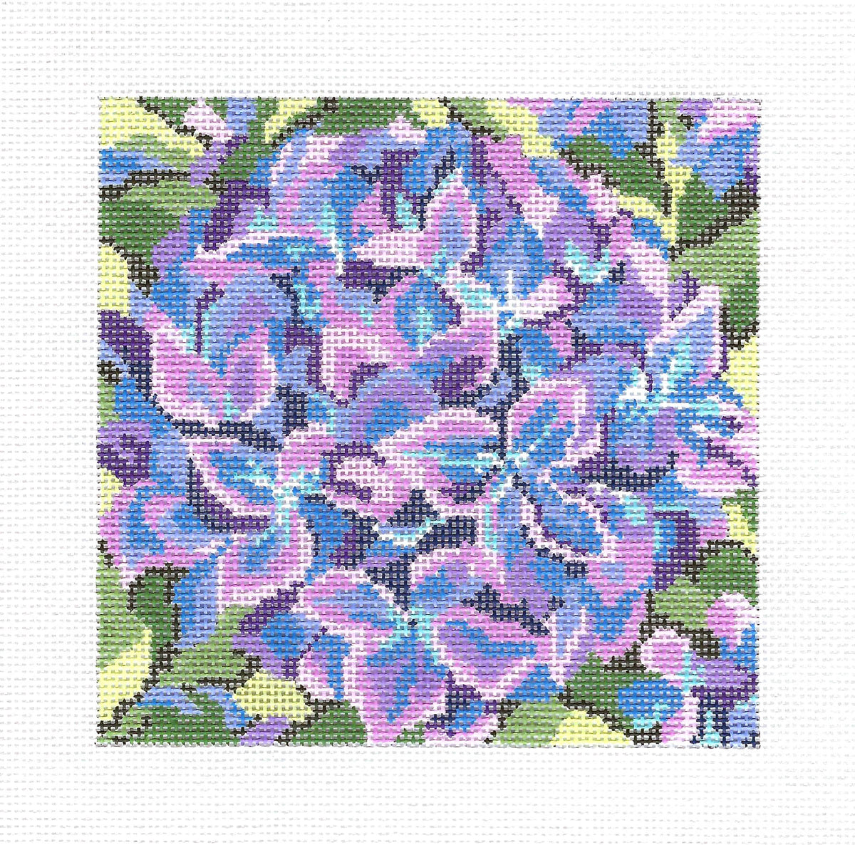 Floral ~ Pink & Blue Hydrangea 5" Sq. handpainted 18 Mesh Needlepoint Canvas by Needle Crossings