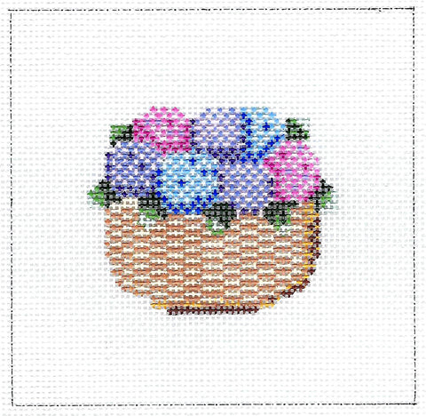Nantucket Canvas ~ Nantucket Basket of Blue, Pink and Purple Hydrangea COASTER in a 4" square design by MBM Designs