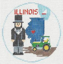 Travel Round ~ State of Illinois ~ Land of Lincoln ~ handpainted 18 Mesh 4" Rd. Needlepoint Canvas by Kathy Schenkel
