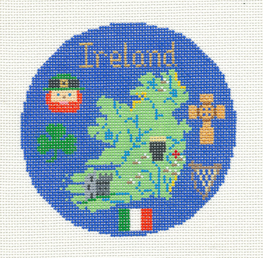 Travel Round ~ IRELAND handpainted 18Mesh 4.25" Rd. Needlepoint Ornament Canvas by Silver Needle