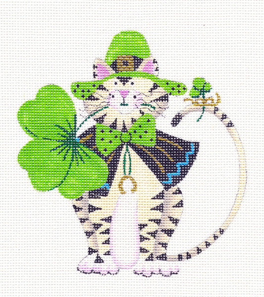 Cat ~ Irish St. Patrick's Day CAT With Shamrocks on Handpainted Needlepoint Canvas by Lainey Daniels from Danji