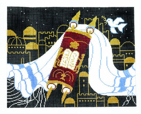 Canvas~Tallis Bag with Torah and Tallit on Black handpainted Needlepoint Canvas