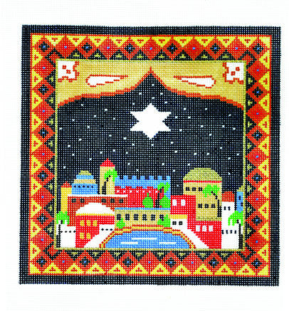 Canvas~Tefillin Bag with City of Jerusalem on a Starry Night handpainted Needlepoint Canvas