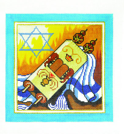 Canvas~ Tefillin Bag with Torah Candles and Tallit handpainted Needlepoint Canvas