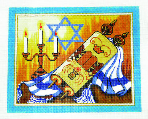 Canvas~Tallis Bag with Torah Tallit and Menorah on Blue handpainted Needlepoint Canvas