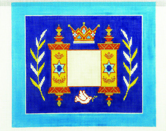 Canvas~Tallis Bag with Torah Crown and Dove on Blue handpainted Needlepoint Canvas