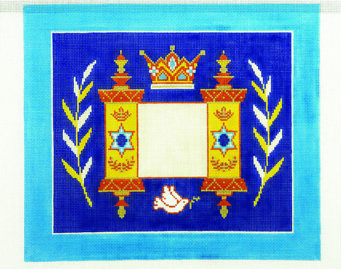 Canvas~Tallis Bag with Torah Crown and Dove on Blue handpainted Needlepoint Canvas