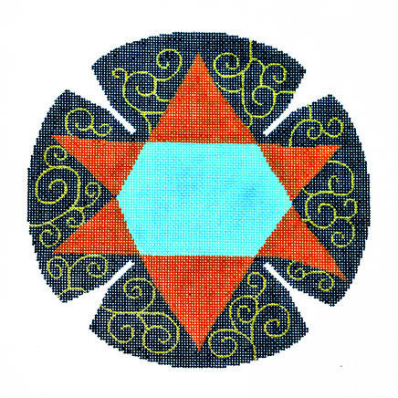 Yarmulke with Blue and Gold Star of David handpainted Needlepoint Canvas