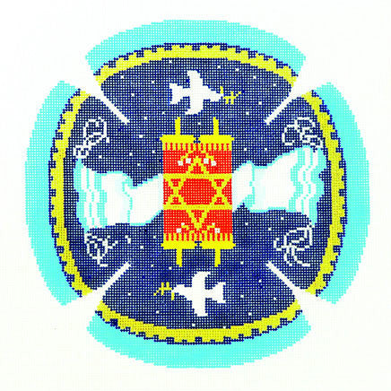 Yarmulke with Torah Tallit and Doves on Blue handpainted Needlepoint Canvas