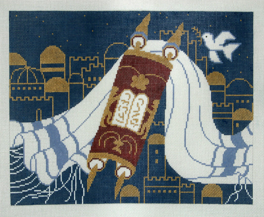 Tallis Bag with Torah and Tallit on Blue & Gold Background handpainted Needlepoint Canvas from LEE