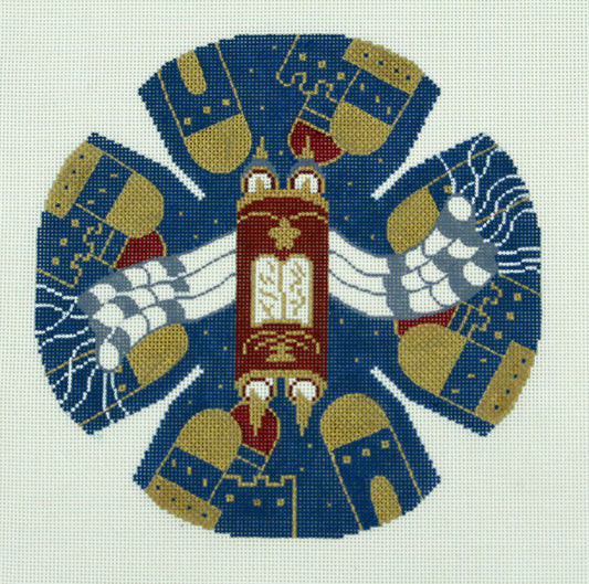 Yarmulke with Tallit and City of Jerusalem on Blue handpainted Needlepoint Canvas