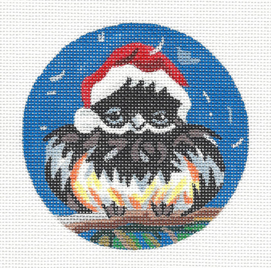Round~Chickadee in Santa Hat Ornament on Hand Painted Needlepoint Canvas by JulieMar