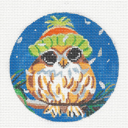 Round~Owl in Ski Cap Ornament on Hand Painted Needlepoint Canvas by JulieMar