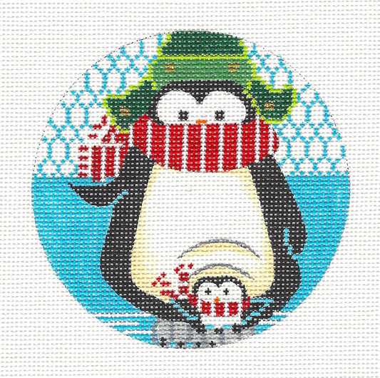 Round~ Holiday Penguin Mom & Chick Ornament on Hand Painted Needlepoint Canvas by JulieMar