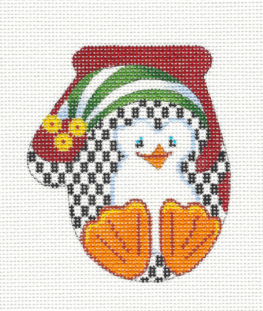 Mitten~Checkerboard Penguin with S/G on Hand Painted Needlepoint Canvas by JulieMar***SPECIAL ORDER***