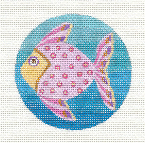 Round~Pink Fish Ornament on Hand Painted Needlepoint Canvas by JulieMar