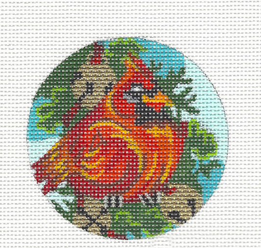 Round ~ Cardinal with Bells Ornament 3" Rd. on Handpainted Needlepoint Canvas by Kamala from JulieMar