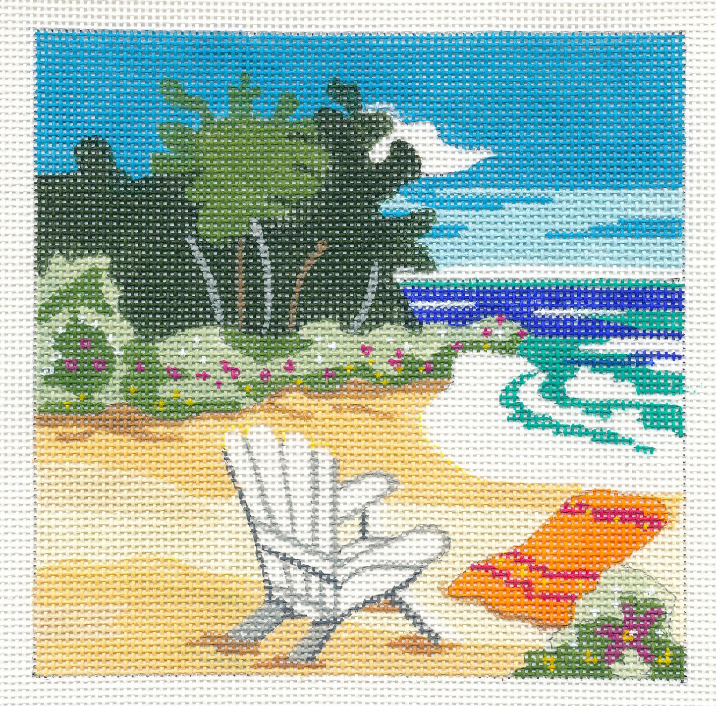 Canvas SET ~ Serene Beach Day with STITCH GUIDE on handpainted 18 Mesh Needlepoint Canvas by KAMALA ~ PLD Designs