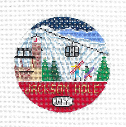 Ski Travel ~ Ski Jackson Hole, Wyoming handpainted 4" Rd. Needlepoint Ornament Canvas by Doolittle