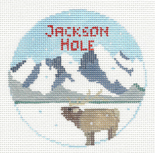 Travel Round ~ Jackson Hole, Wyoming,  National Elk Refuge, handpainted Needlepoint Canvas by Kathy Schenkel