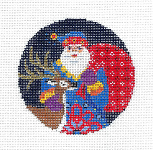 Christmas ~ Jacobean Santa with Deer handpainted Needlepoint Ornament Canvas by Abigail Cecile