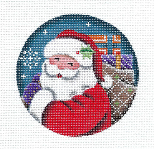 Christmas Round ~ Jolly Santa with Gift Sack 4" Rd. handpainted 18 mesh Needlepoint Canvas by Rebecca Wood
