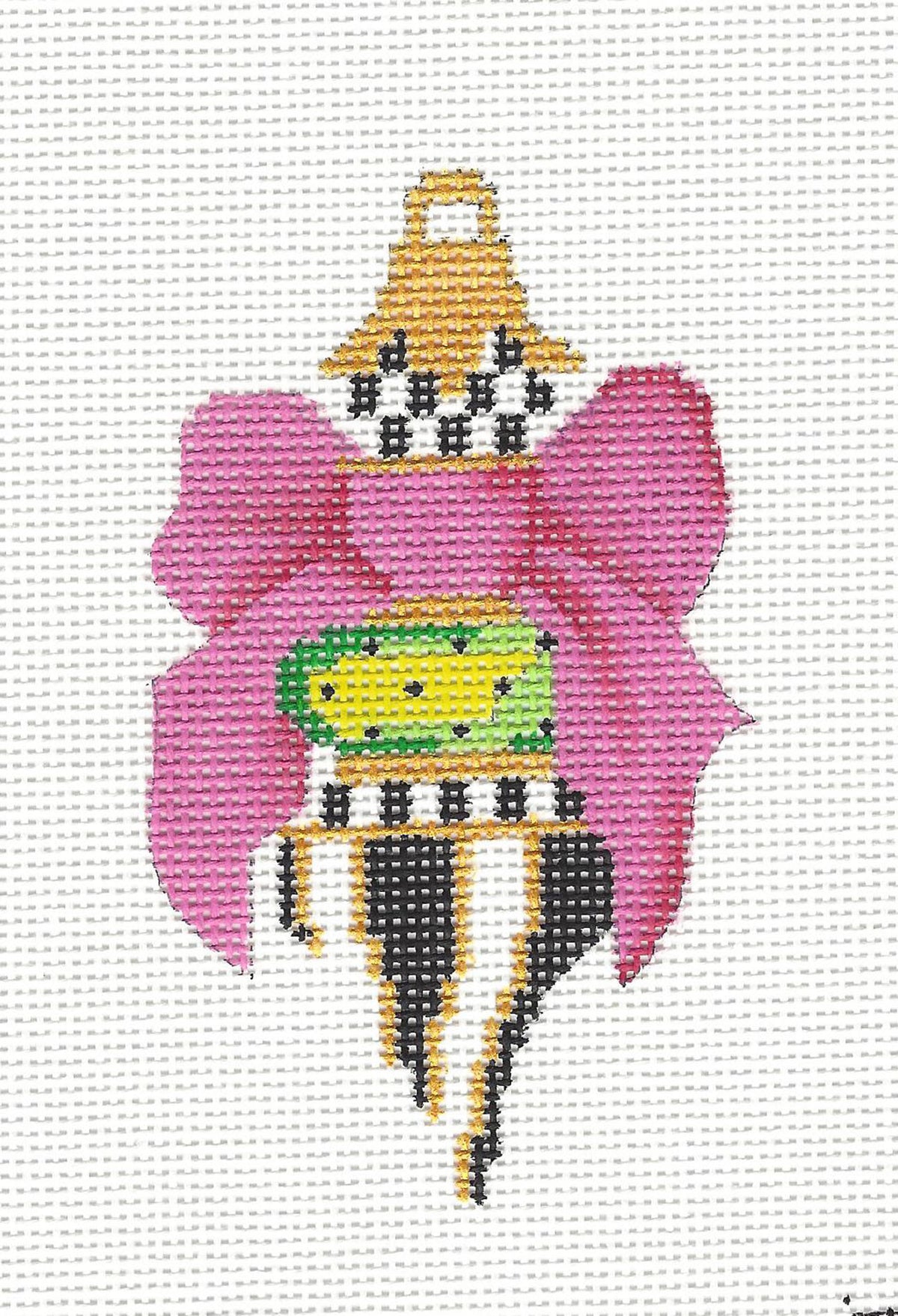 Ornament ~ Pink Bow on a Black, White, Pink & Gold Ornament handpainted Needlepoint Canvas by Kelly Clark ~  RETIRED