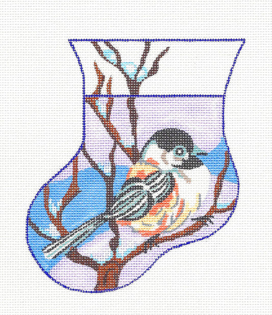 Ornament ~ Chickadee Mini Stocking handpainted Needlepoint Ornament by Kamala from Juliemar