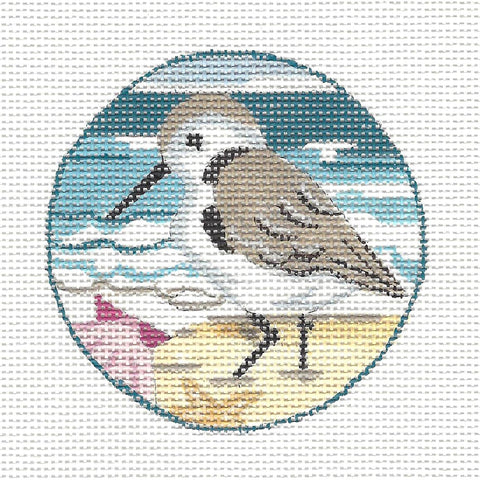Bird Round ~ Sandpiper On The Beach With Shell Ornament Hand Painted Needlepoint Canvas by JulieMar