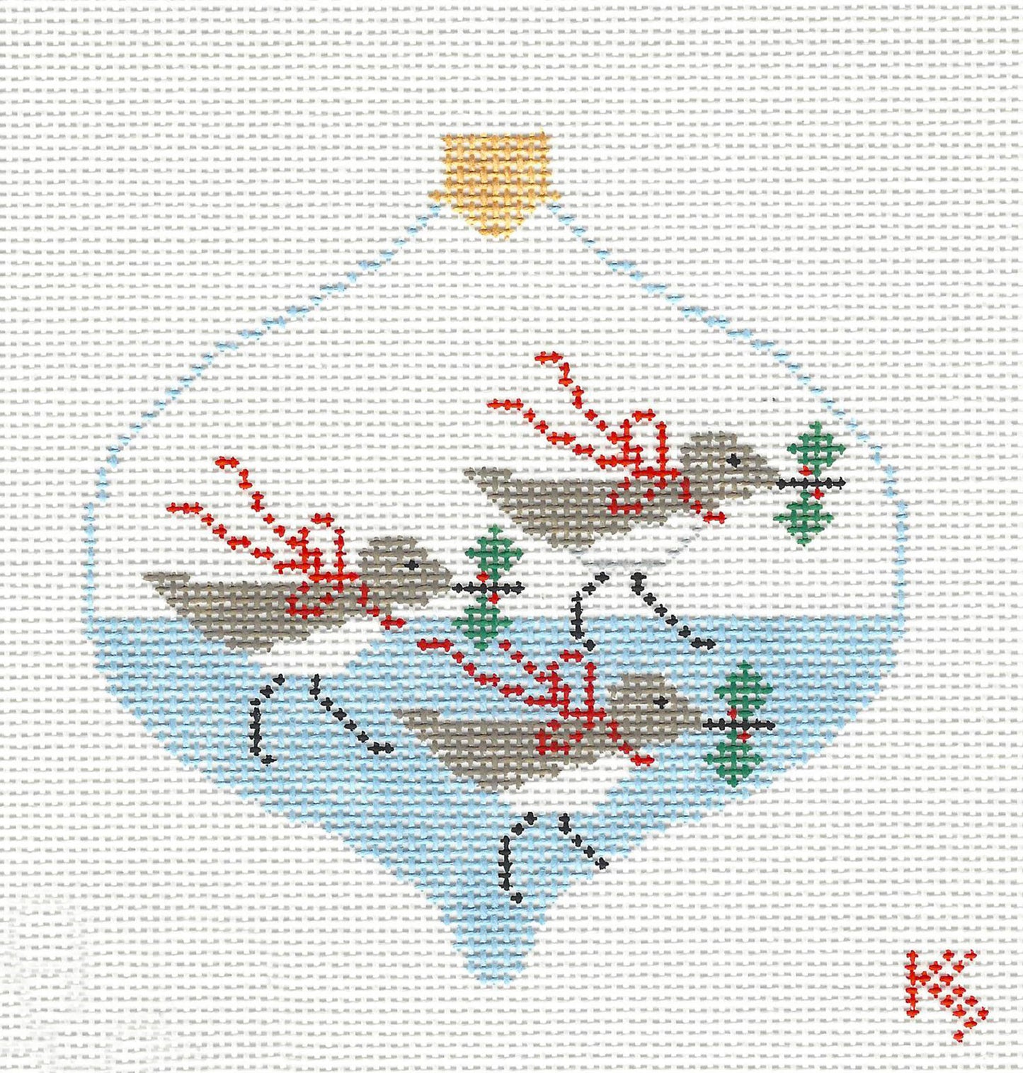 Bauble ~ 3 Christmas Sandpipers with Holly Bauble handpainted Needlepoint Canvas by Kathy Schenkel