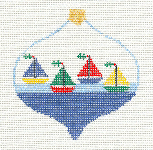 Bauble ~ Four Sailboats handpainted Needlepoint Canvas by Kathy Schenkel