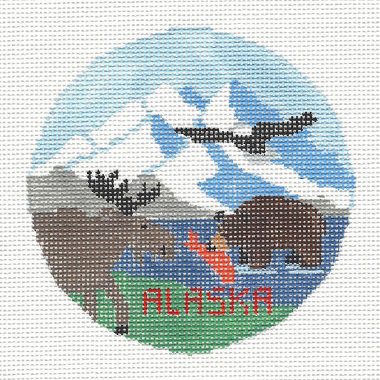 Travel Round ~ ALASKA Wildlife and Wilderness "The Last Frontier" handpainted Needlepoint Canvas by Kathy Schenkel